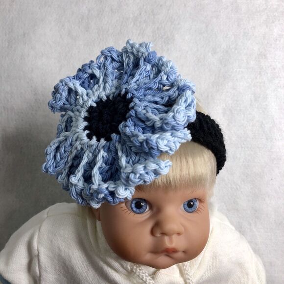 Handmade Crochet Blue Flower Baby Headband - Picture 2 of 8